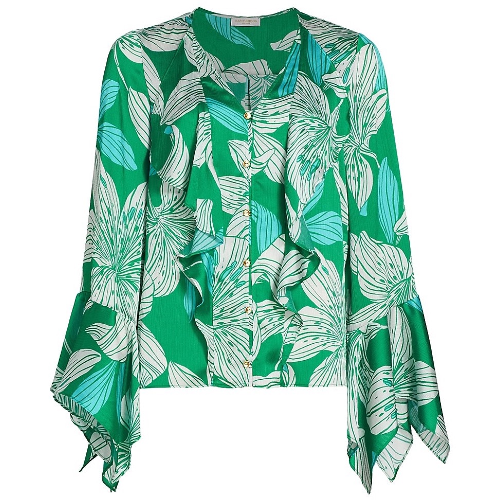 Ramy Brook Savanna Sea Green & White Lily Floral Blouse Ruffle Top
